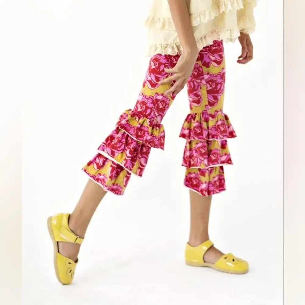 Matilda Jane Pink Yellow Floral Ruffle Bottom Leggings Girl's Size 6